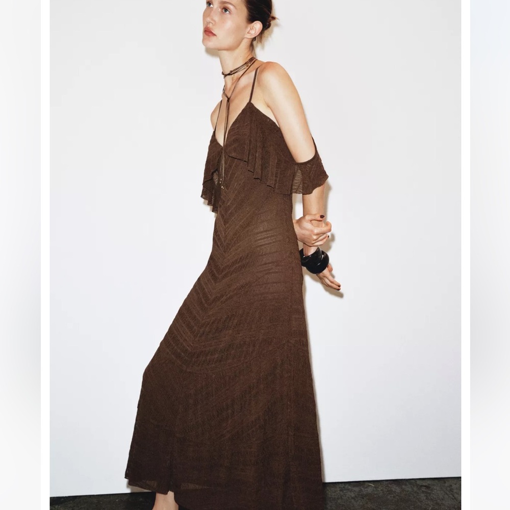 Zara NWT textured midi dress chocolate 1058/627